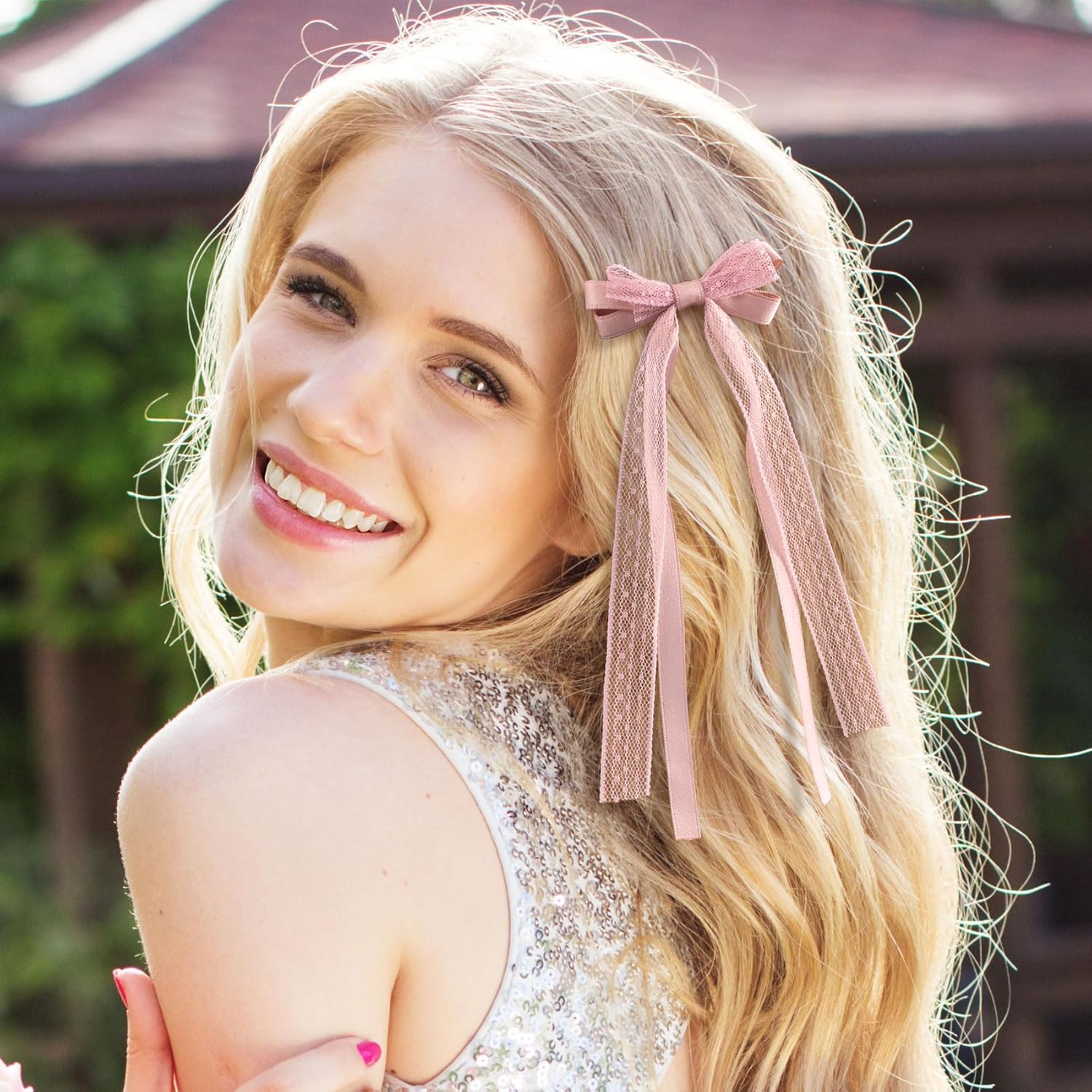 Skiennix Pink Lace Hair Bows - Cute Coquette Bow Clips with Long Tail Ribbons for Women | Perfect for Weddings & Events