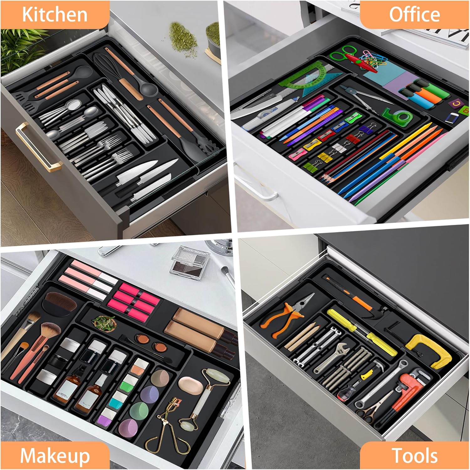 Spaclear Expandable Silverware Organizer - Adjustable BPA-Free Cutlery Tray for Kitchen | 6-9 Slots, Black