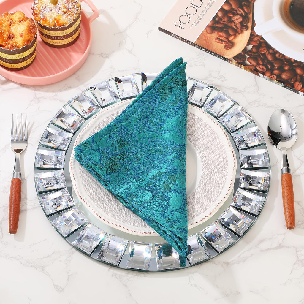 Suclain 6 Pcs Mirrored Glass Charger Plates 13 Inch Silver Mirror Plates Round Chargers for Dinner with Diamond Rim Settings for Wedding Birthday Party Events (Square Diamond Rim)