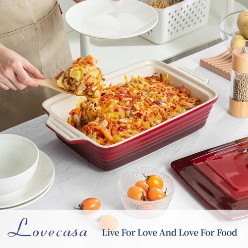 LOVECASA 4.5 Quart Ceramic Casserole Dish - Oven & Dishwasher Safe Lasagna Pan with Lid | Gradient Red