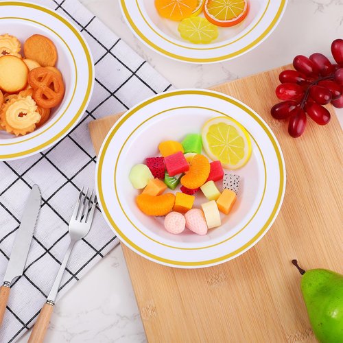 Jinei 200 Pieces 6 oz Plastic Bowls with Rim Small Disposable Soup Bowls for Dessert Salad Soup Candy Wedding Thanksgiving Catering Holidays Party Supplies (White,Gold Rim)