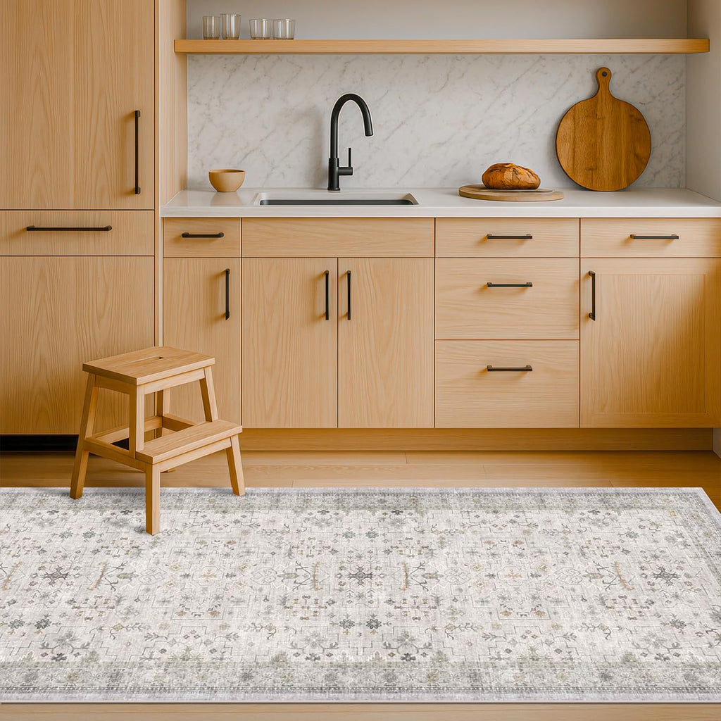 Skiennix Light Grey 2x7 Boho Runner Rug - Modern Vintage Floral Design, Washable Non-Slip for Hallway & Bedroom