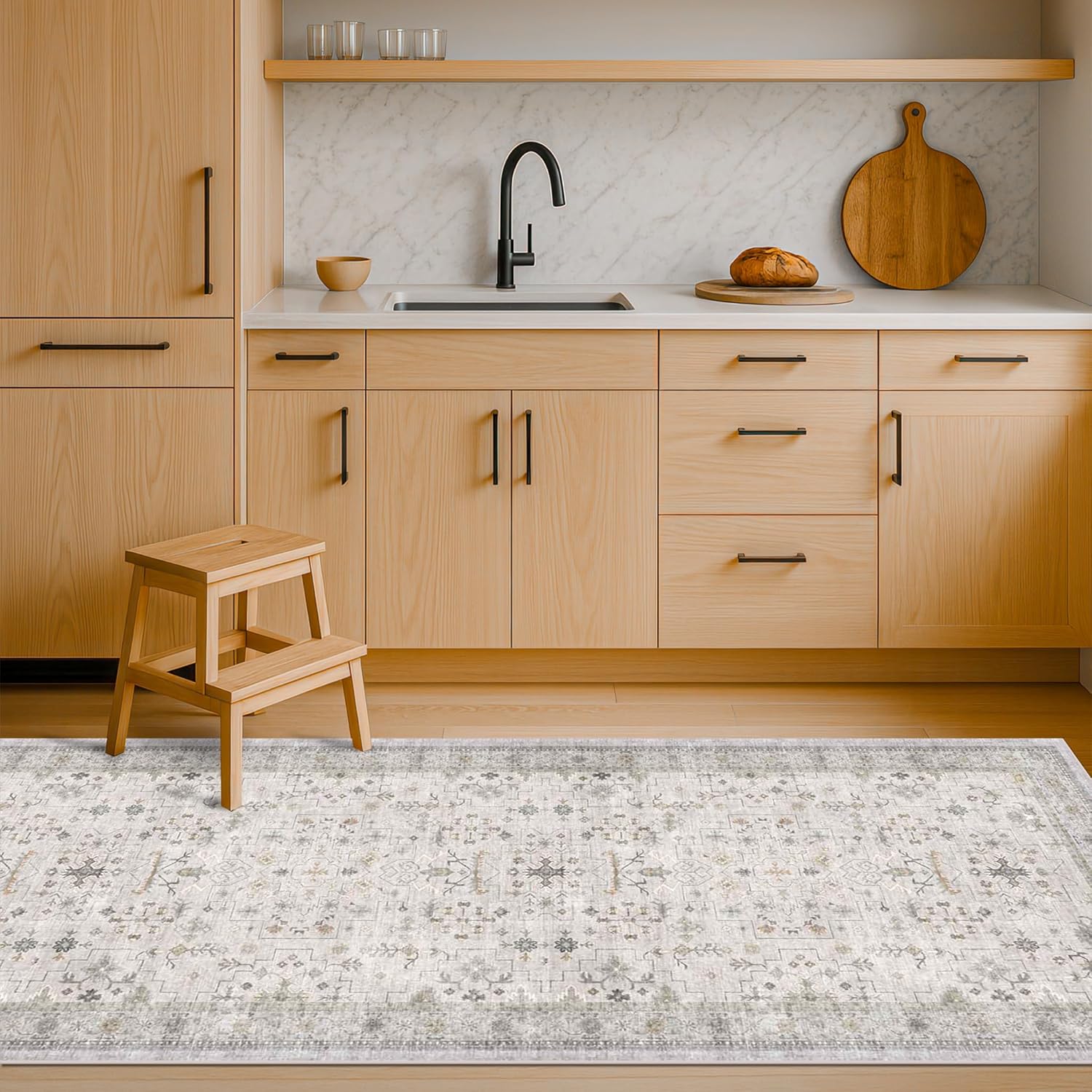 Skiennix Light Grey 2x7 Boho Runner Rug - Modern Vintage Floral Design, Washable Non-Slip for Hallway & Bedroom