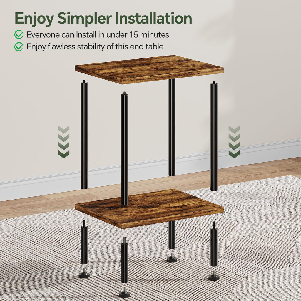 Simple Trending Side Table, Small End Table Living Room, Nightstand with 2 Tier Storage Shelves, Rustic Brown