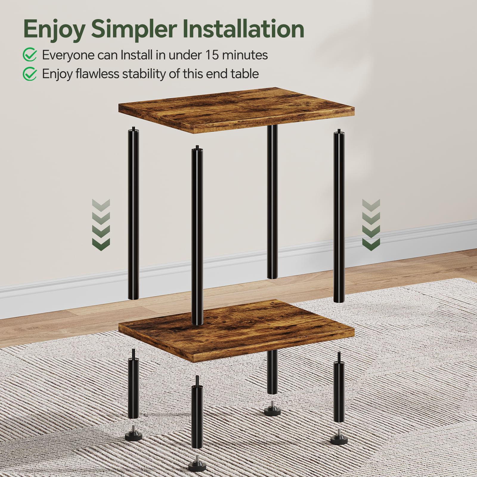 Simple Trending Side Table, Small End Table Living Room, Nightstand with 2 Tier Storage Shelves, Rustic Brown