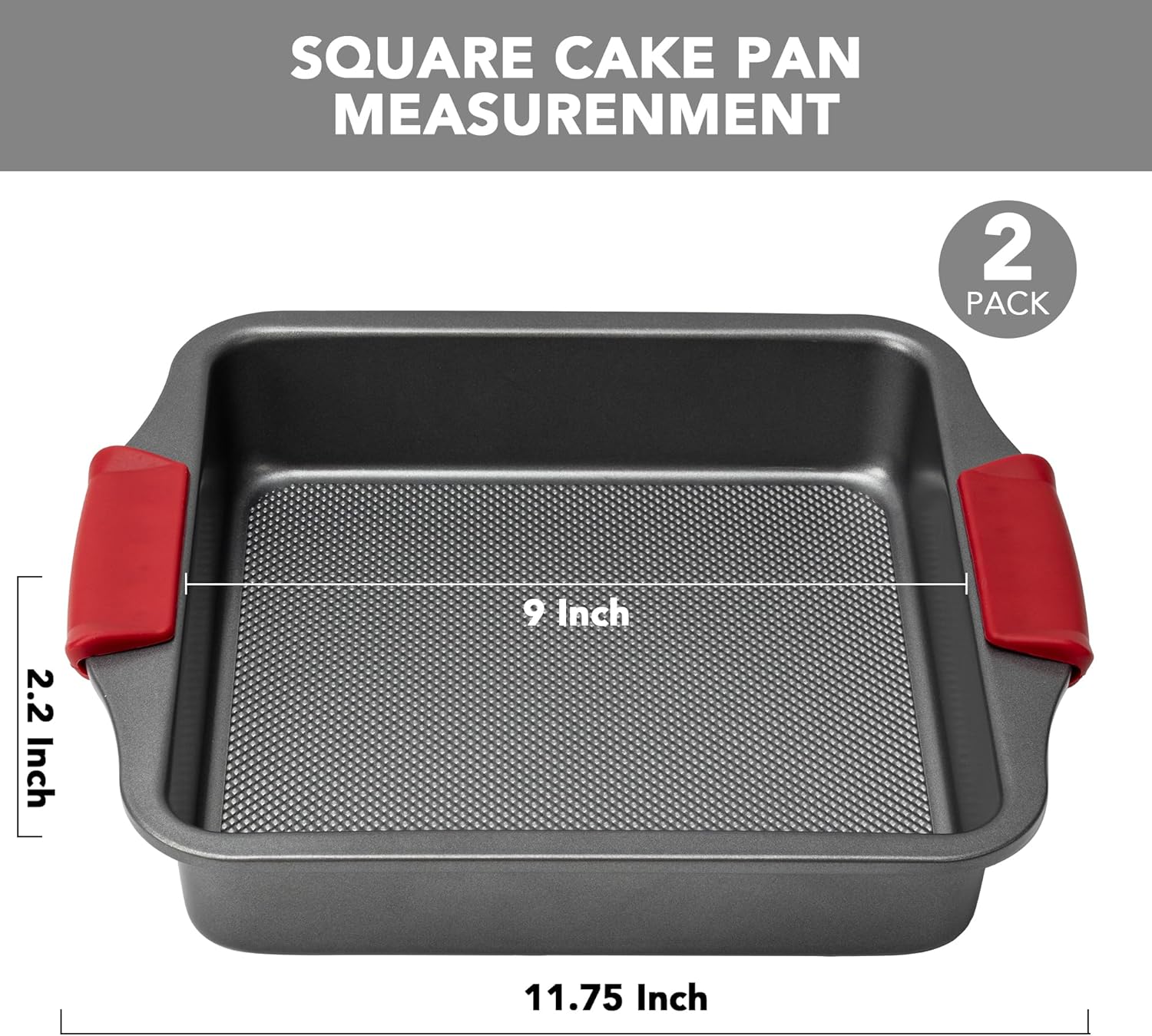 Tiawudi 9" Square Cake Pan Set - Heavy Duty Nonstick Bakeware with Diamond Texture & Silicone Grip Handles