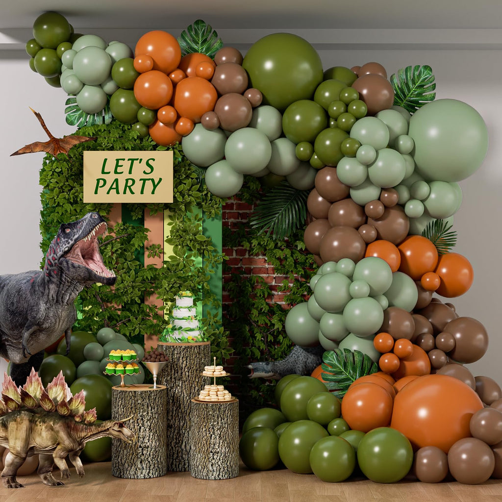 141pcs Dinosaur Balloon Garland Arch Kit, Brown Orange Sage Green Latxe Balloons for Jungle Safari Dinosaur Baby Shower Birthday Party Decorations