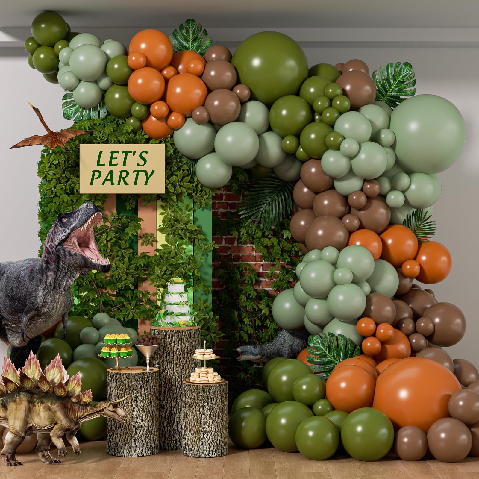 141pcs Dinosaur Balloon Garland Arch Kit, Brown Orange Sage Green Latxe Balloons for Jungle Safari Dinosaur Baby Shower Birthday Party Decorations