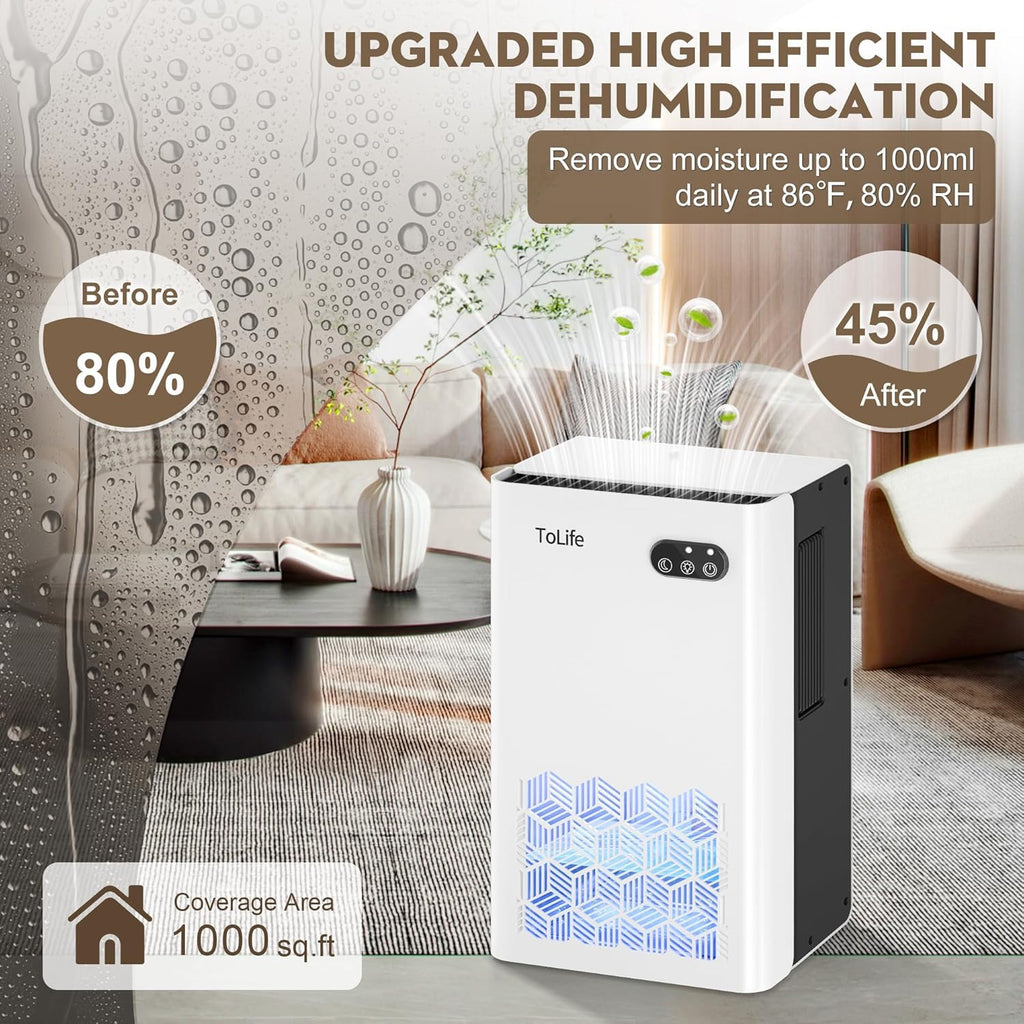 ToLife Dehumidifier - 1000 Sq.Ft. Home Dehumidifier with 95 OZ Tank & Auto Shut Off | LED Light Options