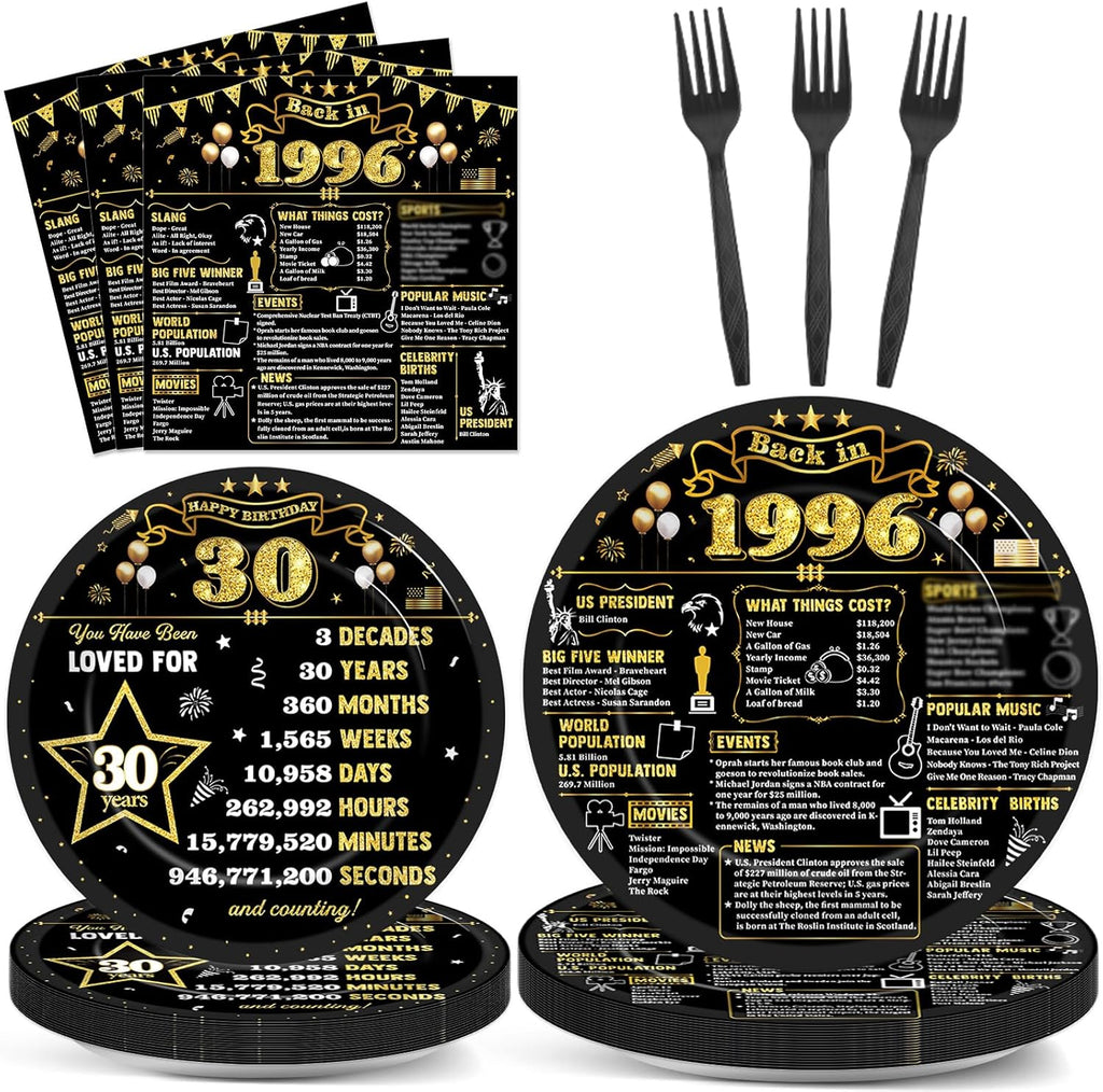 Regine Switzerland 30th Birthday Plates & Napkins - Black & Gold Party Decor for 24 Guests | 1996 Theme