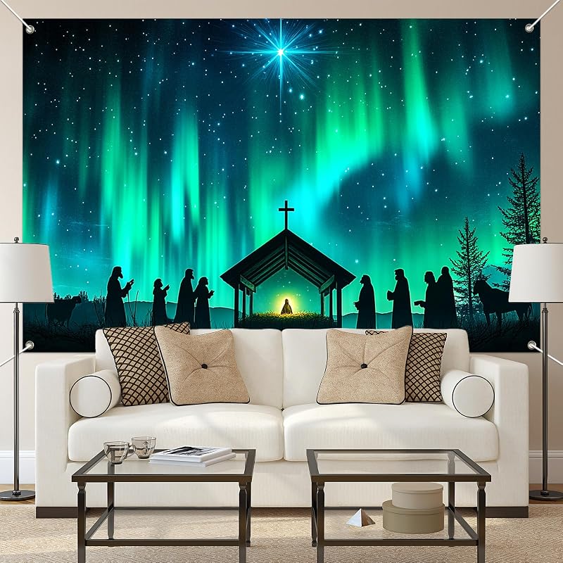 Nativity Banner 71x43 in with Bethlehem Star – Christmas Backdrop, Aurora Silhouette (Variation: Nativity Aurora Silhouette)