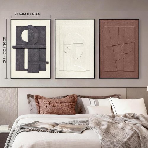 3D Textured Framed Wall Art - Modern Minimalist Geometric Decor | Neutral 3-Piece Set for Living Room, Office, 24x36 In