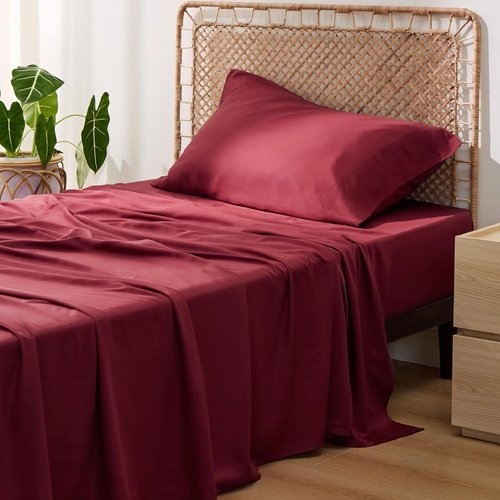Bedsure Cooling Twin Sheets - Breathable Rayon from Bamboo | Soft, Deep Pocket Up to 16 Inches, Burgundy