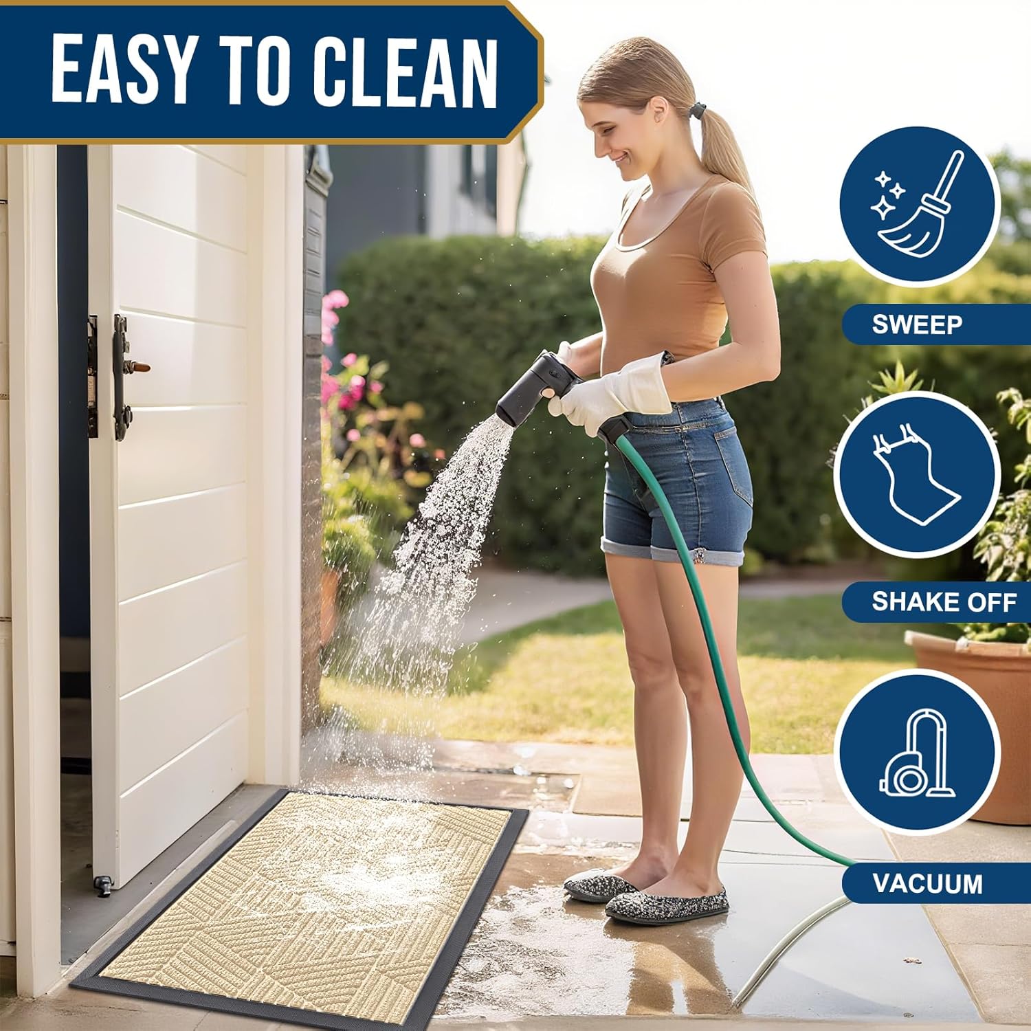 Smiry Heavy-Duty Natural Rubber Front Door Mat - Traps Dirt & Moisture | Easy Clean Low Profile (29.5x17, Beige)