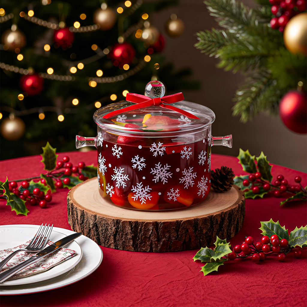 Potchen 2 Pack Christmas Simmer Pot Gift Glass Saucepan with Lid 51 oz Snowflake Holiday Pot for Cooking Mulled Wine, Hot Cocoa, Sauces Festive Stovetop Glass Cookware for Christmas Kitchen Gifting