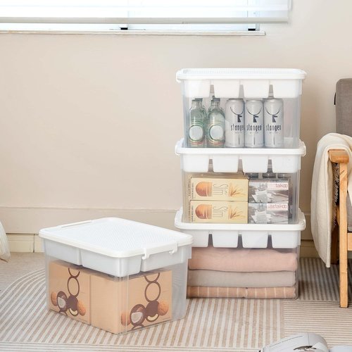 Citylife 32 QT Stackable Storage Bins - Tool Box Organizer with Lid & Removable Tray for Beads & Sewing