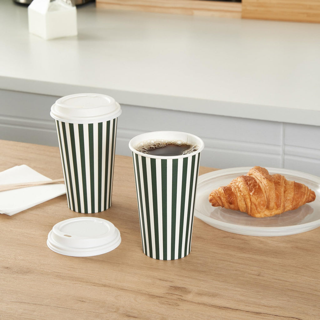 Restaurantware 16 Ounce Disposable Coffee Cups With Lids, 400 Hot Cups With Lids - Sleeves Sold Separately, Single Wall, Forest Green And White Stripe Paper Coffee Cups, For Coffee And More