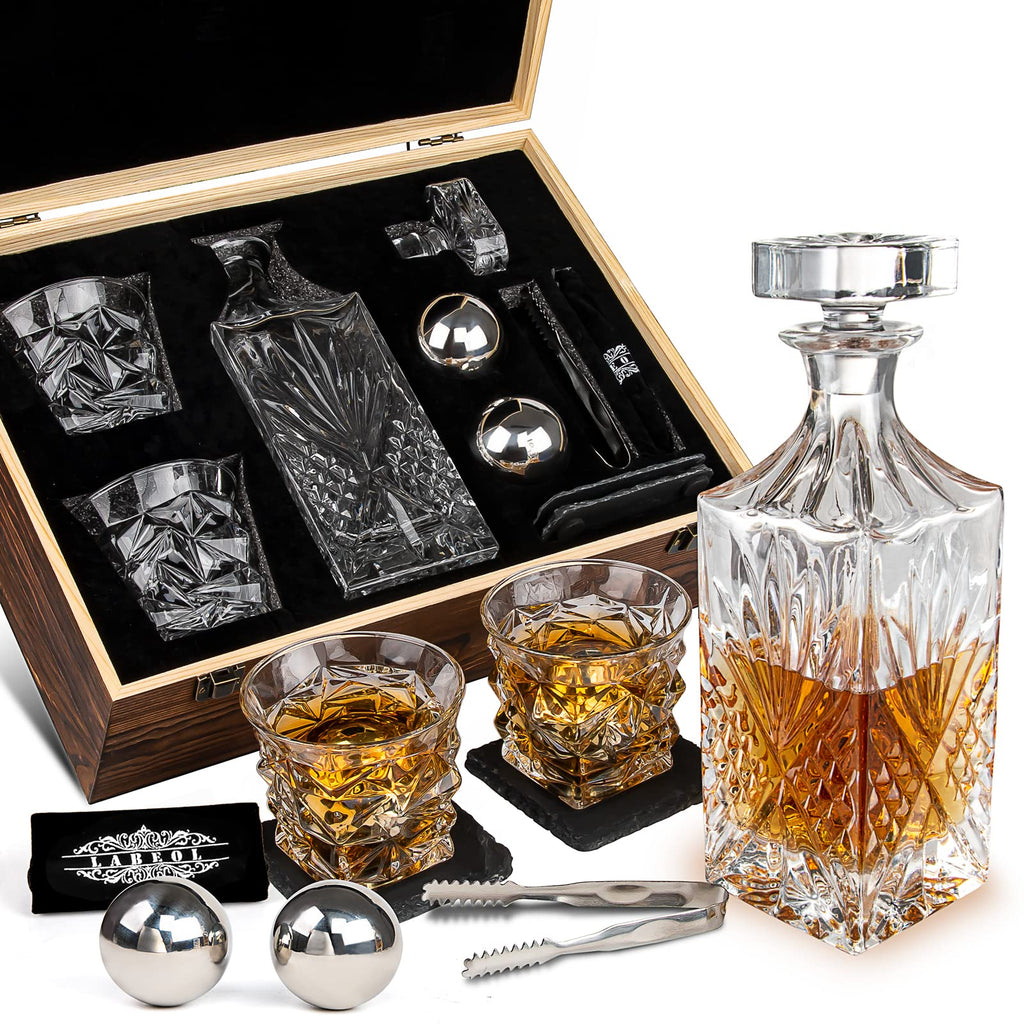 Whiskey Decanter Set, Whiskey Stones Gift Set for Men, Gifts Box with Reusable Stainless Steel Balls, Glasses, Decanter, Slate Coasters and Tongs for Dad, Boyfriend