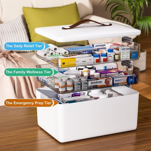 Funest 3-Tier Medicine Storage Box - Portable First Aid Kit Organizer with Removable Tray | White