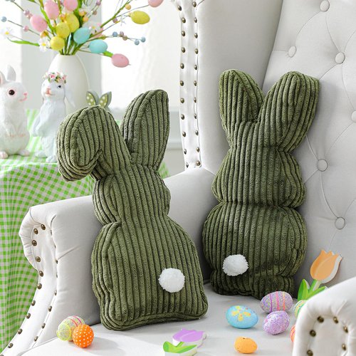 Fiwochic 2 Pcs Easter Bunny Shaped Pillow Cute Decorative Rabbit Throw Pillow Bunny Stuffed Soft Corduroy Striped Textured Cushion Case for Spring Easter Party Couch Sofa Home Decor, Olive Green
