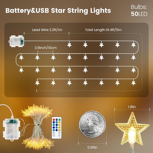 HEYFUNi Star String Lights - 50 LED Fairy Lights with Remote | 16ft Waterproof Decor for Kids' Rooms, Nurseries & More