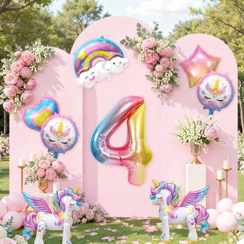 8Pcs Unicorn 4th Birthday Party Decorations for Girls,26Inch Large Unicorn Balloons Self Standing,18Inch Purple Pink Star Heart Rainbow Foil Balloon for Birthday Wedding Baby Shower Supplies(Number 4)