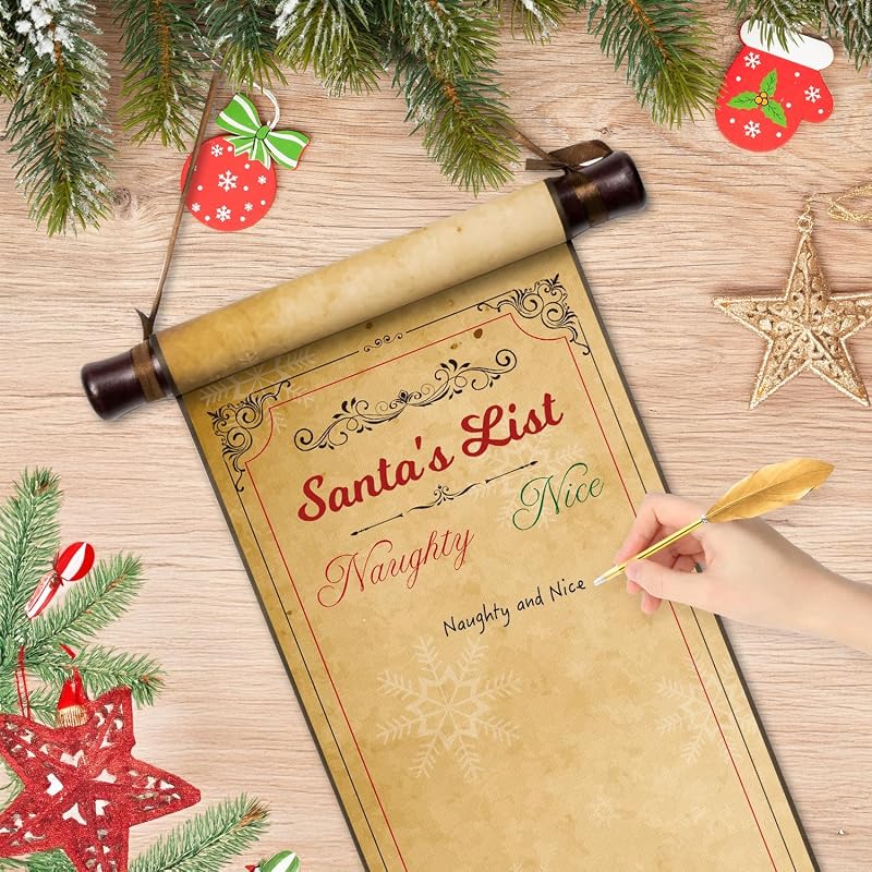 Christmas Naughty & Nice Scroll Set with Golden Feather Pen, Vintage Burlap Bag