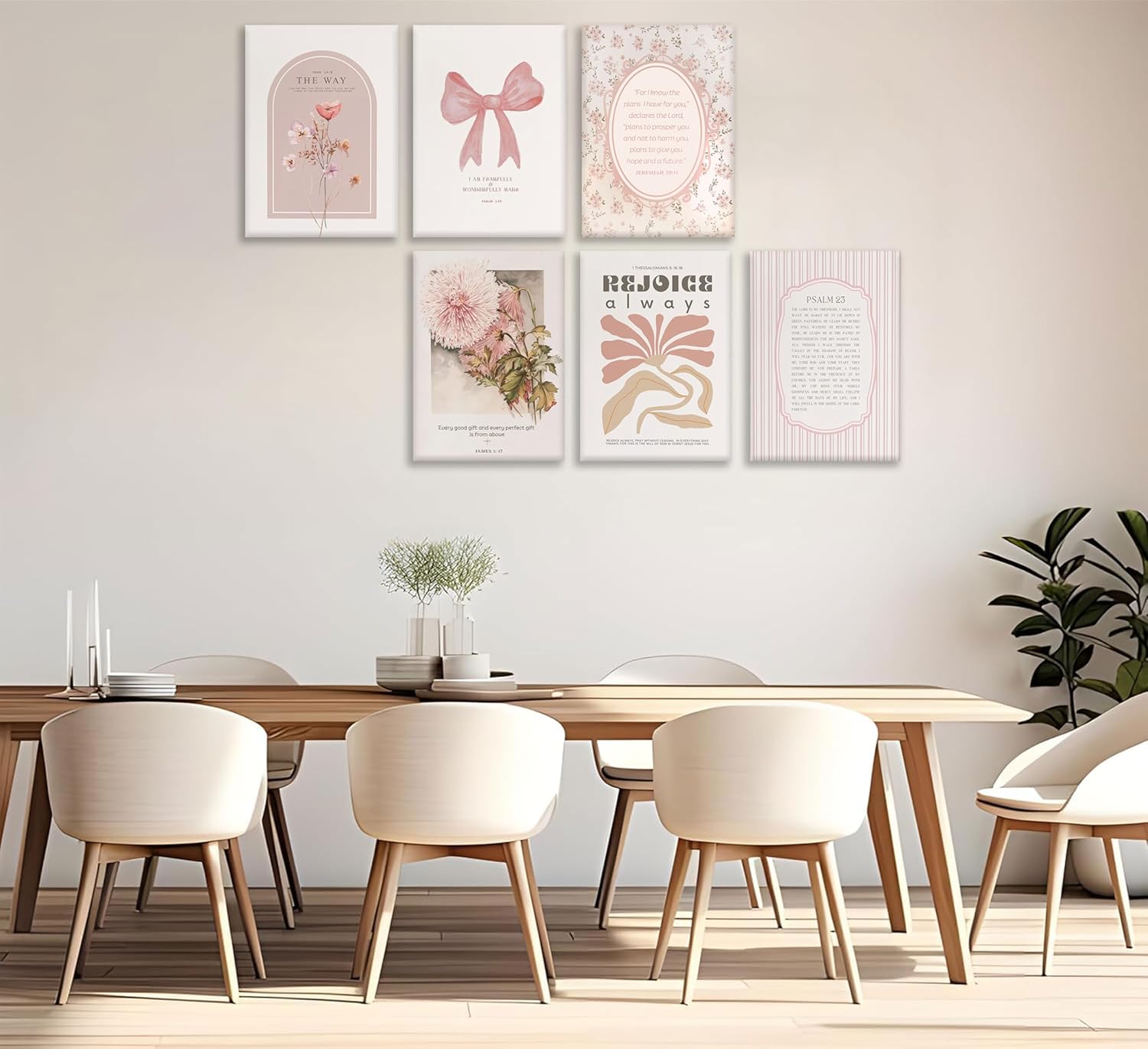 Skiennix 6-Piece Pink Christian Wall Art Set - Boho Floral Bible Verses Canvas Decor for Bedroom & Dorm