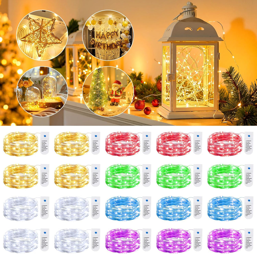 Minetom 12 Pack Battery Operated Fairy String Lights - 8 Modes, 7ft, 20 LEDs, Waterproof Silver Wire for DIY Decor & Events