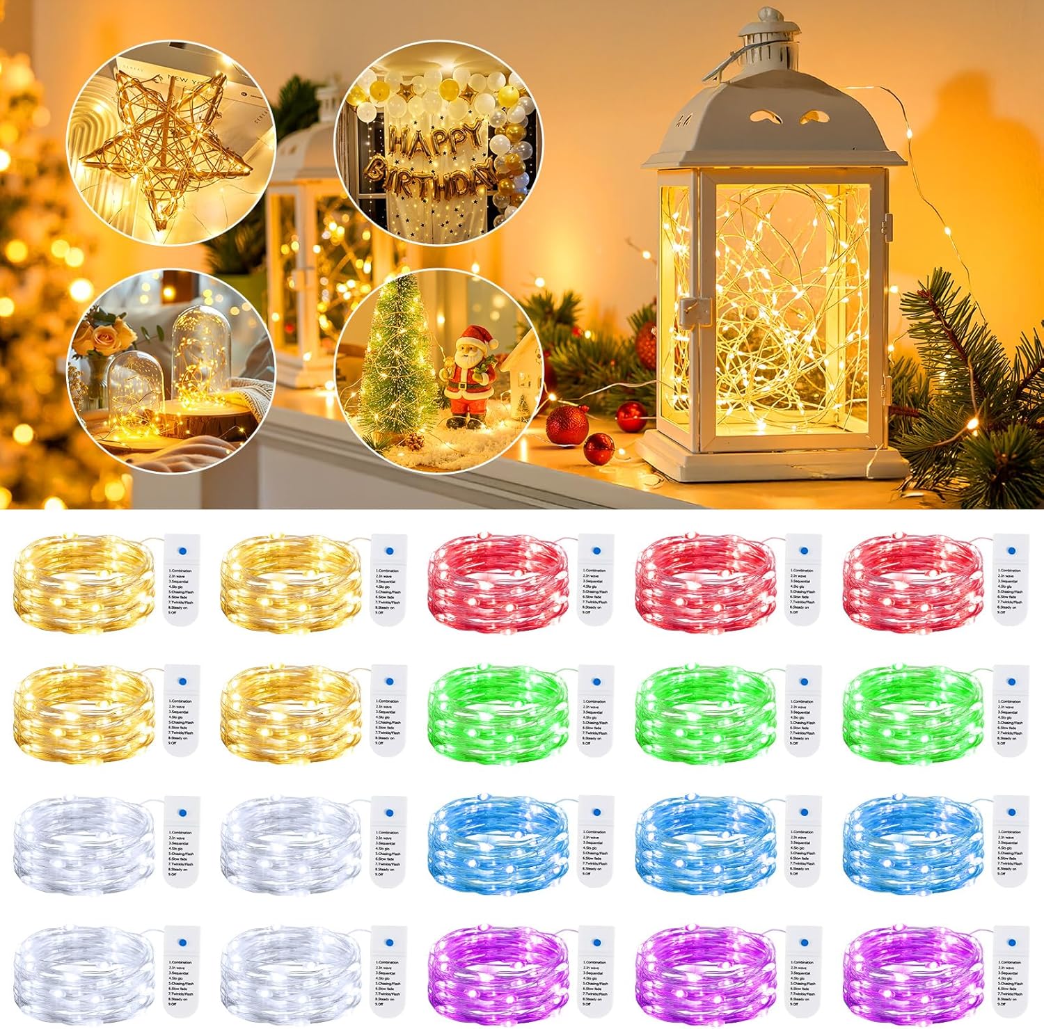 Minetom 12 Pack Battery Operated Fairy String Lights - 8 Modes, 7ft, 20 LEDs, Waterproof Silver Wire for DIY Decor & Events
