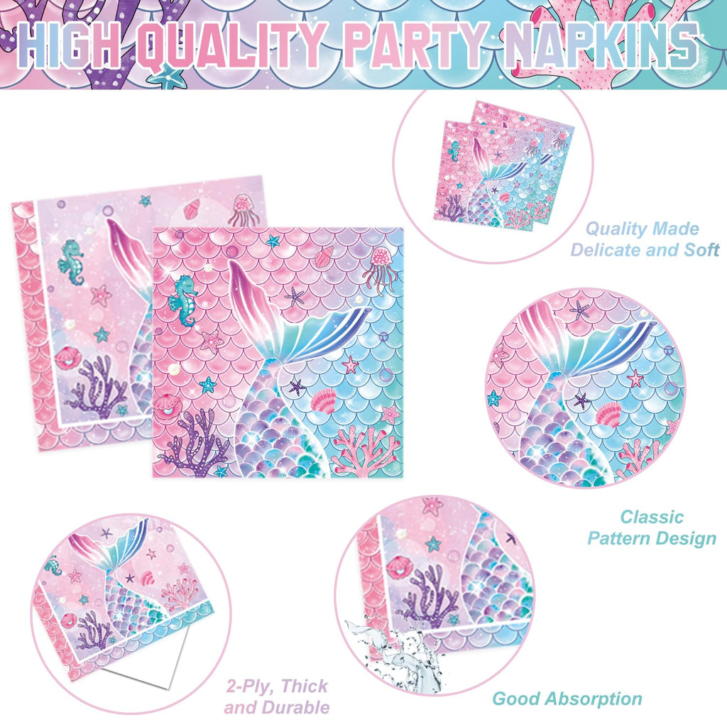 QIYANPAX Mermaid Birthday Decorations Supplies Plates, Napkins, Cups, Cutlery, Banner, Hanging Swirls, Cake & Cupcake Toppers, Balloons, Tablecloth for Mermaid Party Decorations, Serves 20