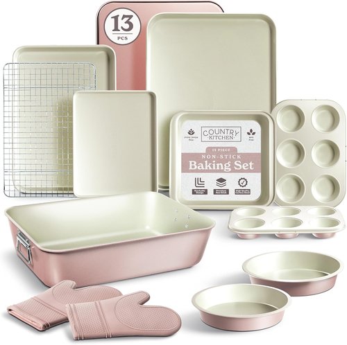 Country Kitchen Nonstick Bakeware Set - Deluxe 13-Piece Heavy Duty Baking Set in Pink with Easy Release Handles