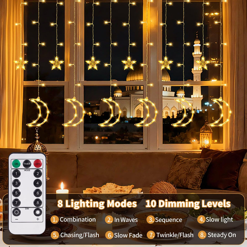 BomKra Dazzle Bright Ramadan Curtain String Lights, 138 LED Warm White Star Moon Fairy Lights 8 Lighting Modes with Remote and 12 Hooks for Bedroom Wall, Outdoor Party, Ramadan Decorations