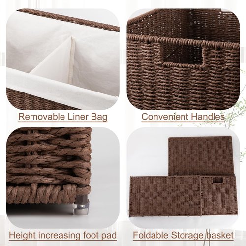 OIAHOMY Storage Basket with Lid, 27.7 Gallon (105L) Blanket Basket with Removable Separated Liner Bag, Paper Rope Hamper with Handle, Foldable, Shelf Basket for Living Room, Brown