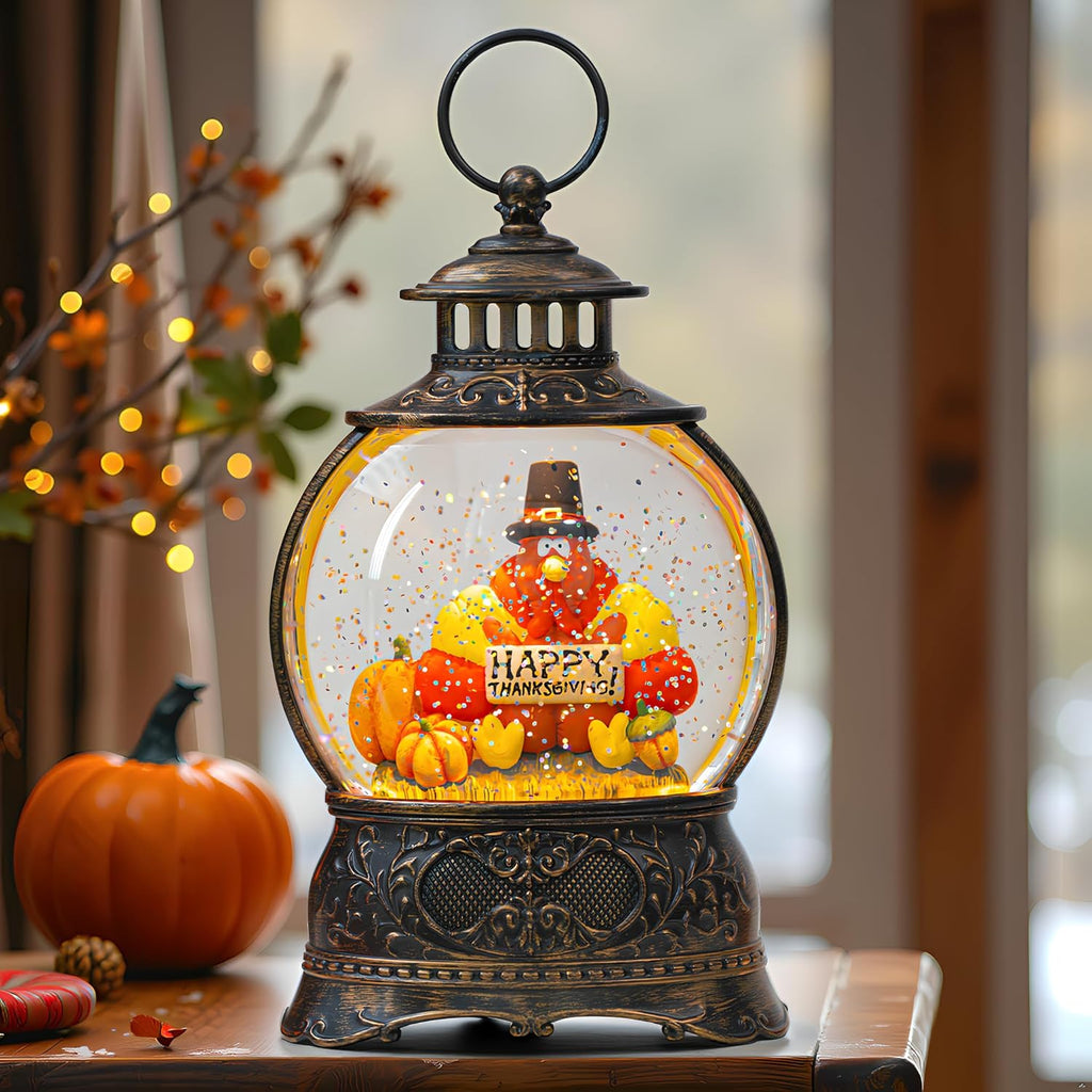 Regine Switzerland Snow Globe - Swirling Glitter Thanksgiving Lantern | Autumn Harvest Decor (Turkey & Pumpkins)