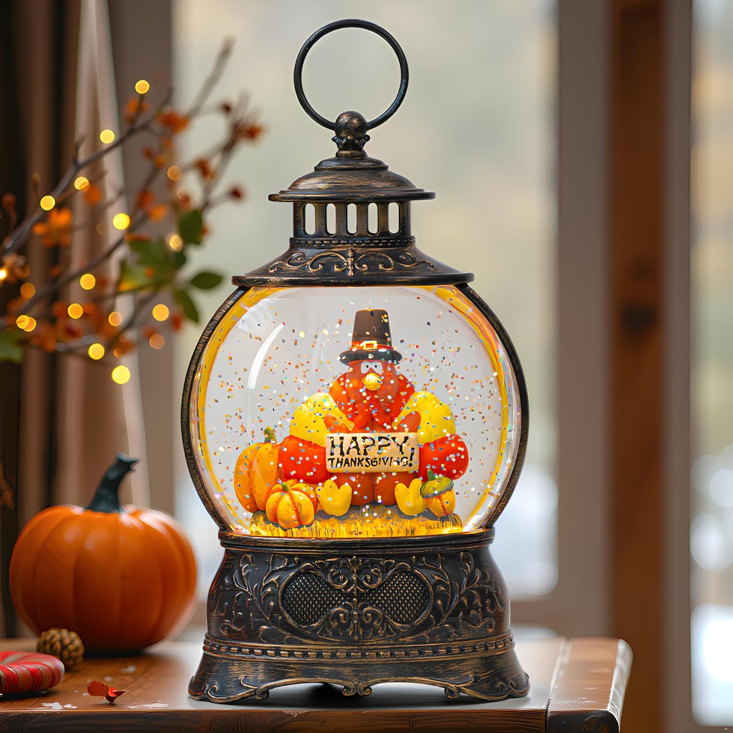 Regine Switzerland Snow Globe - Swirling Glitter Thanksgiving Lantern | Autumn Harvest Decor (Turkey & Pumpkins)