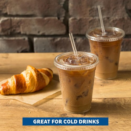 Freshware 12 oz Clear Disposable Plastic Cups - Heavy-Duty Tumblers with Flat Lids & Straws | 100 Pack for Parties
