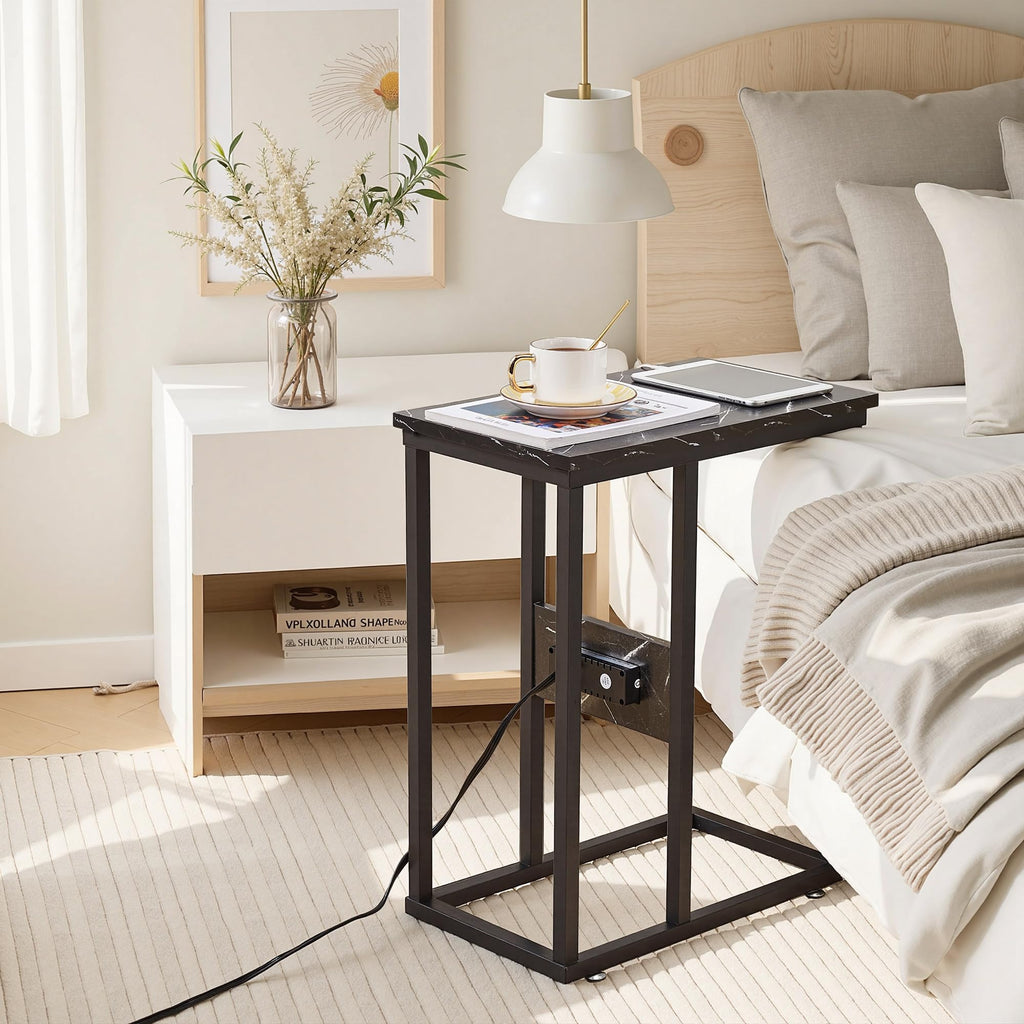 VECELO C-Shaped End Side Table with Charging Station & 2 USB Ports and Outlets for Living Room, Bedroom, with Adjustable Feet for Couch Sofa, Bedside, Small Spaces， Black Marble