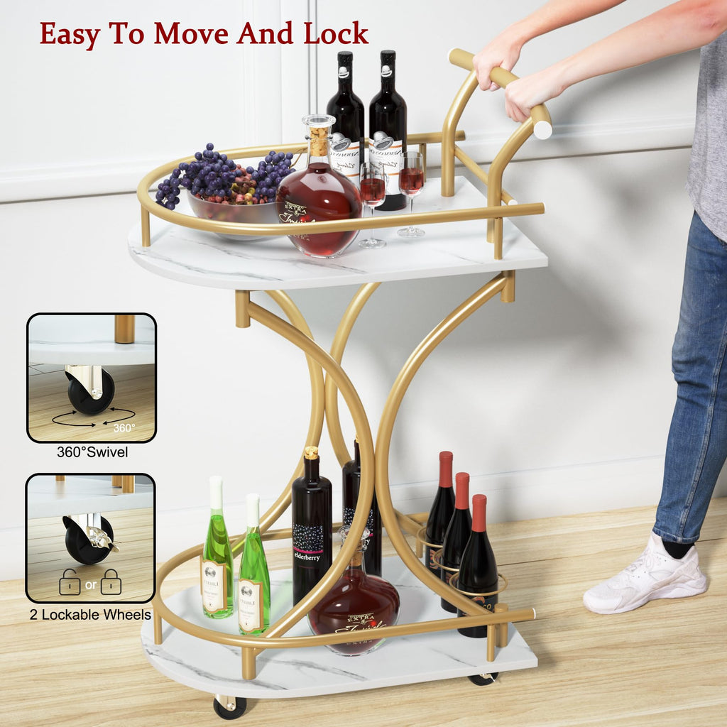 Maiproo Bar Cart with Wheels Handle Rolling Home Bar Serving Carts 2 Tier Curved Anti-Collision Storage Small Trolley with Wine Rack and Glass Holder for Kitchen Dining Room Living Room Gold
