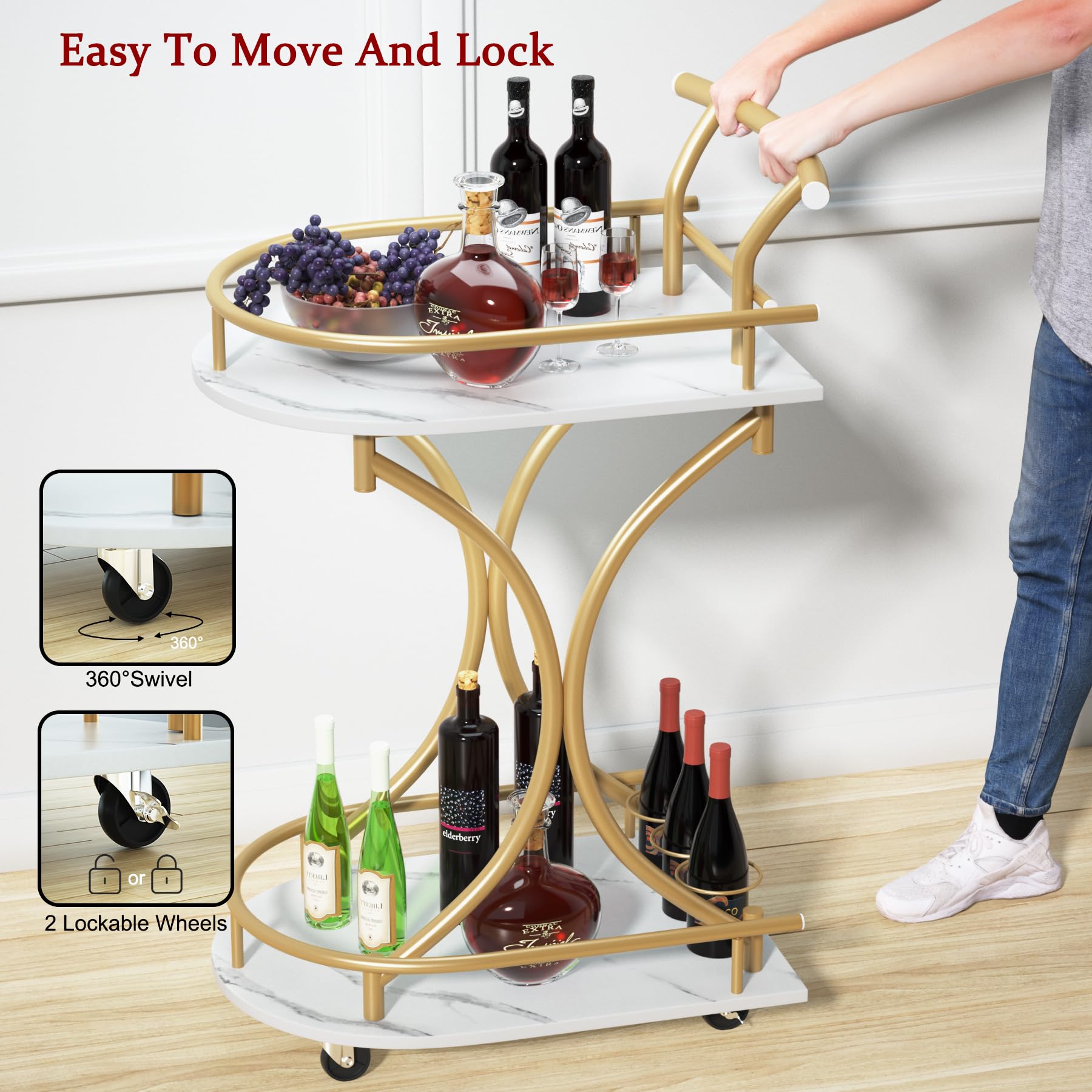 Maiproo Bar Cart with Wheels Handle Rolling Home Bar Serving Carts 2 Tier Curved Anti-Collision Storage Small Trolley with Wine Rack and Glass Holder for Kitchen Dining Room Living Room Gold