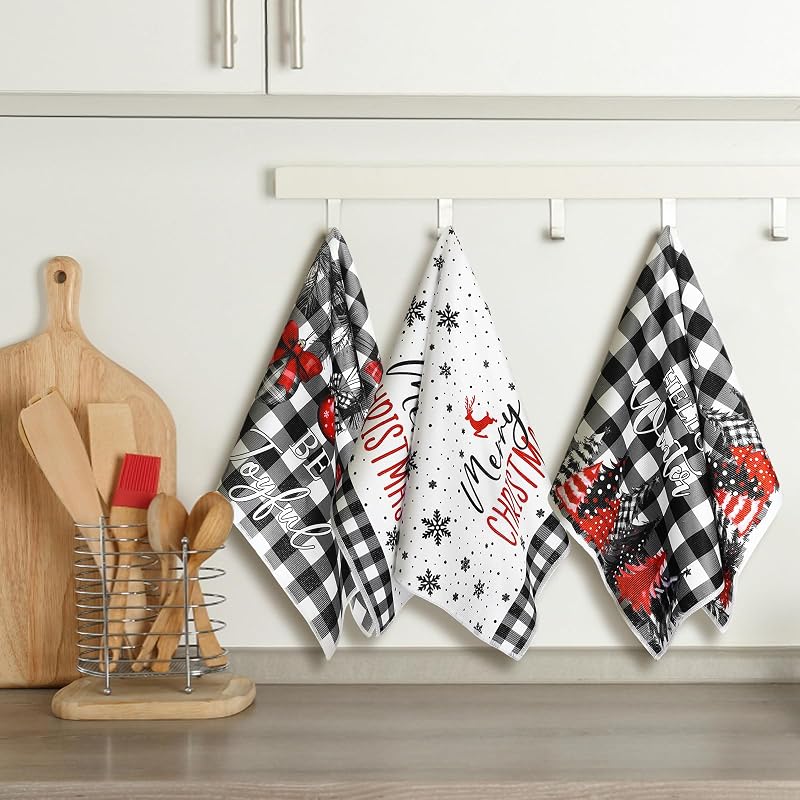 6 Pcs Christmas Kitchen Towels - Black & White Plaid, 16x24 in, 6-Pack (Variation: Black and White)