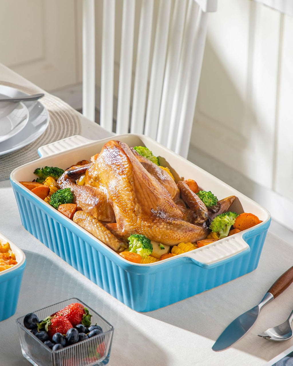 MALACASA 4.4 QT Baking Dish - Large 9x13 Ceramic Casserole Pan with Handles - Microwave Safe, Blue