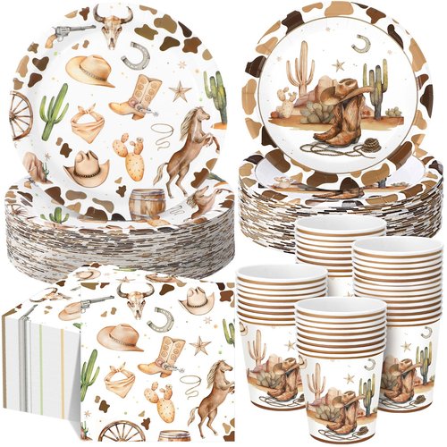 Pickmesh 250 Pcs Western Cowboy Party Decorations Wild West Disposable Tableware Set Cowboy Paper Plates Napkins and Cups for Rodeo Birthday Baby Shower Party Decorations Serve 50