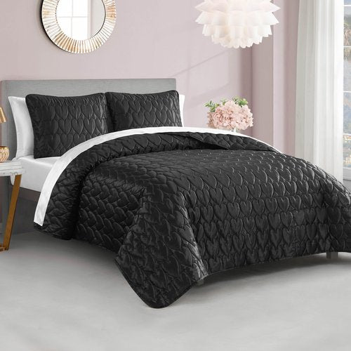 Juicy Couture Satin Heart Stitched 2 Piece Twin/Twin XL Quilt Set, Black Luxury Bedding Set