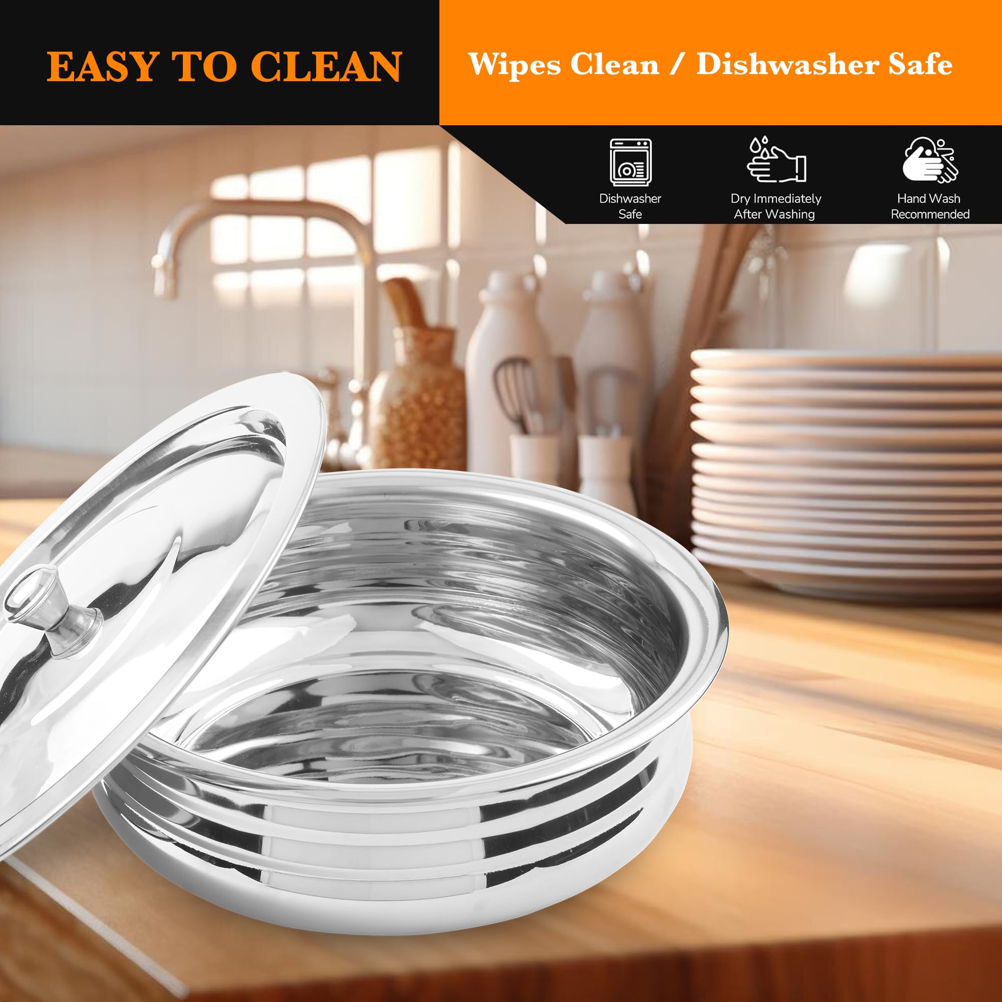 CRAFTONE Stainless Steel Heavy Duty Induction Cooking Pot Cook and Serve Handi With Lid Set of 3 pcs, Premium Steel Tope, Patila Handi for both cooking and serving (1.9 Qt, 2.4 Qt and 3.3 Quart)