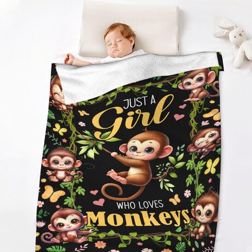 Just A Girl Who Loves Monkeys Blanket for Girls - Ultra Soft,Breathable,Comfortable Flannel Throw for Couch, Sofa,Bedroom - Cute Monkey Animal Pattern Home Decor -40"x50"-Kids/Throw Size