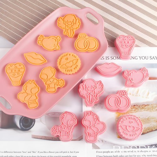 BESEK Valentine's Day Cookie Cutters: With Plunger Stamps Set, 8pcs 3D Embossing Cutters For Biscuit Fondant Cheese Baking Molds