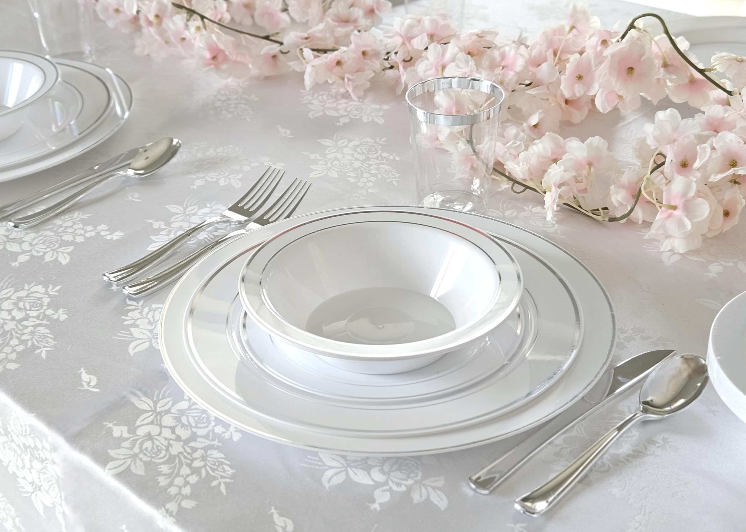 OCCASIONS 40 Piece Disposable Plastic Charger Plates 12 Inch Heavyweight Chargers for Dinner Plates, Wedding, Party, Bulk Table Setting – Premium White & Silver Rim Collection