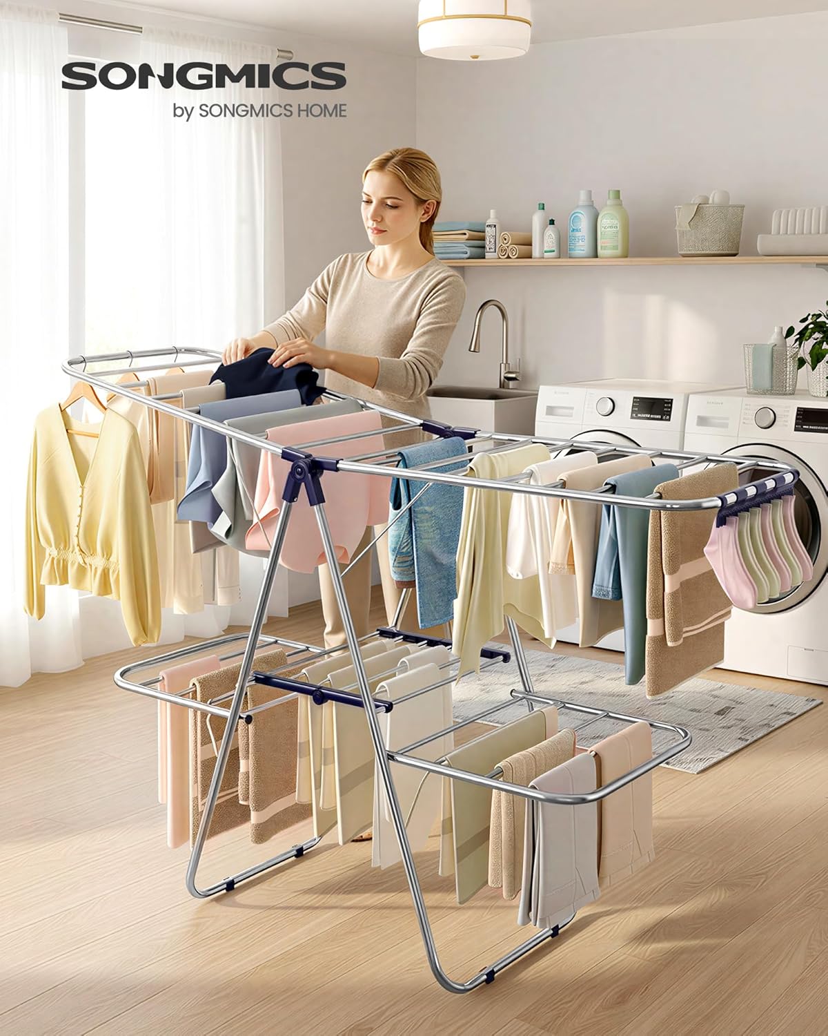 SONGMICS Foldable Clothes Drying Rack - 2-Level Laundry Airer with Adjustable Wings & 33 Rails | Silver and Blue