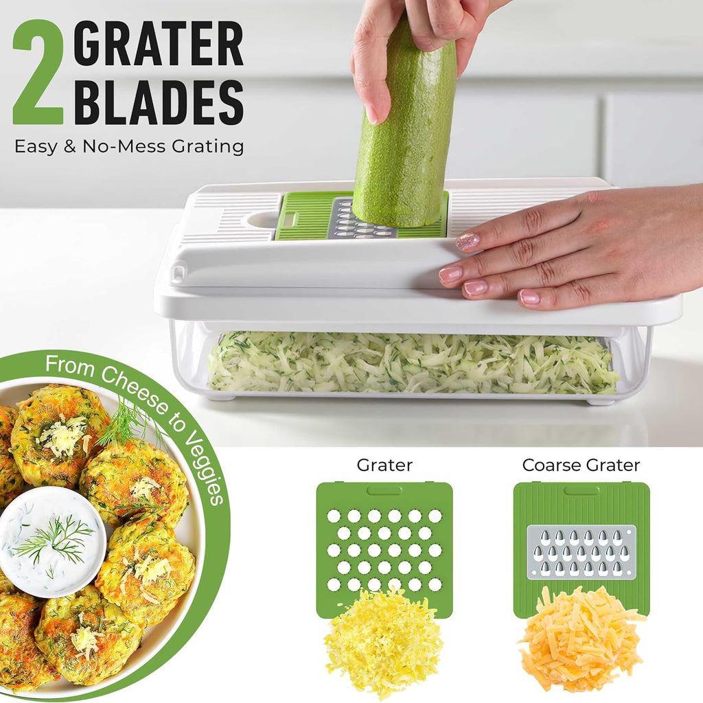 Mueller Vegetable Chopper - Mandoline Slicer & Cheese Grater with Container | White Sand/Green